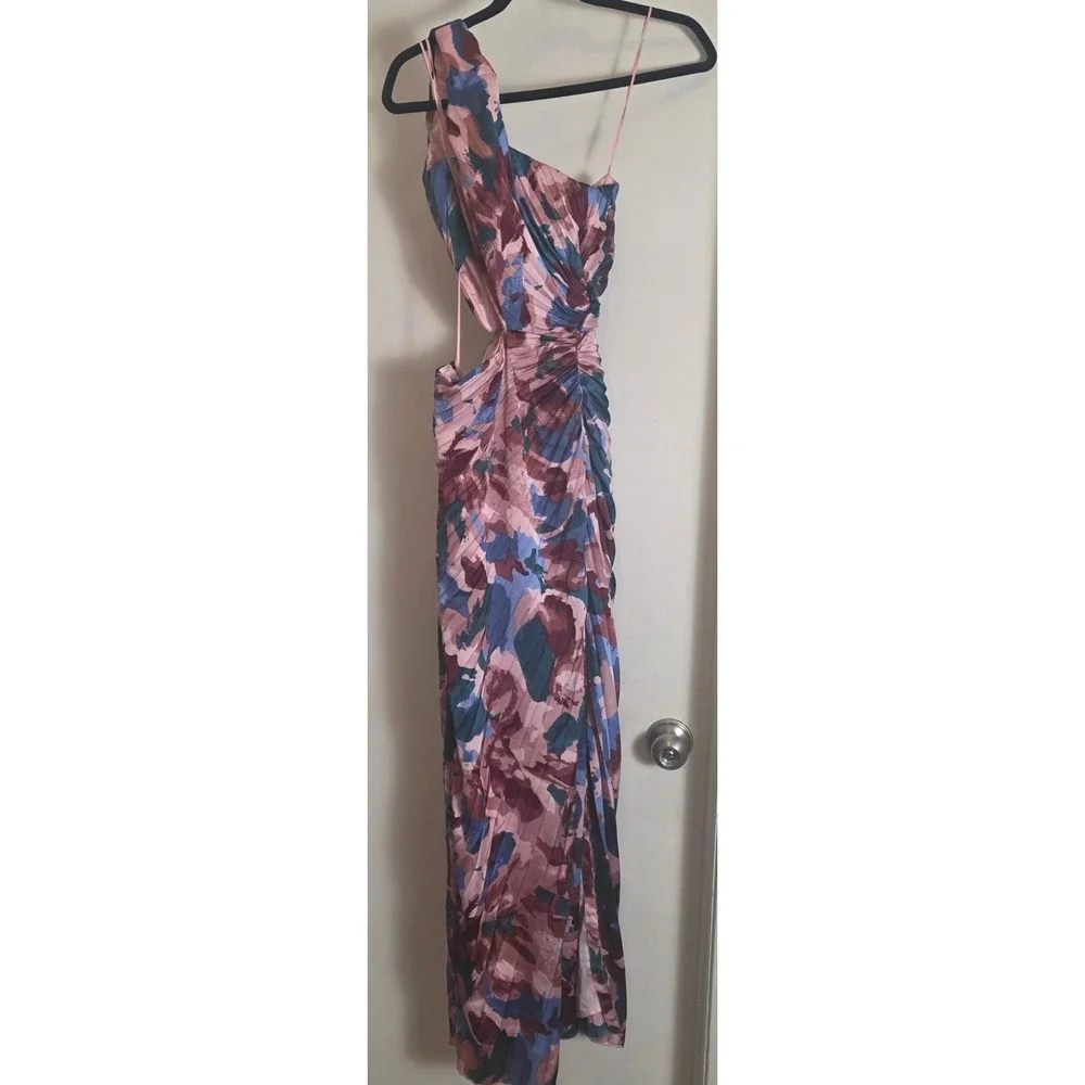 Abercrombie & Fitch One Shoulder Pleated Maxi Dress Pink Floral Cutout Event XXS